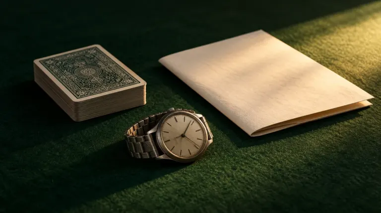 A face-down card deck, blank cream paper and a worn steel watch on green felt in contrasting light.