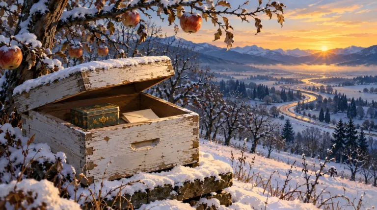 Conceptual illustration of folded paper and a sewing tin inside a sheltered empty beehive, with a snowy road beyond.
