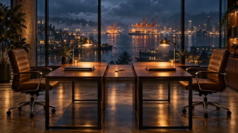 Two empty office chairs and warm desk lamps face each other in a glass-walled office above a rainy harbor.