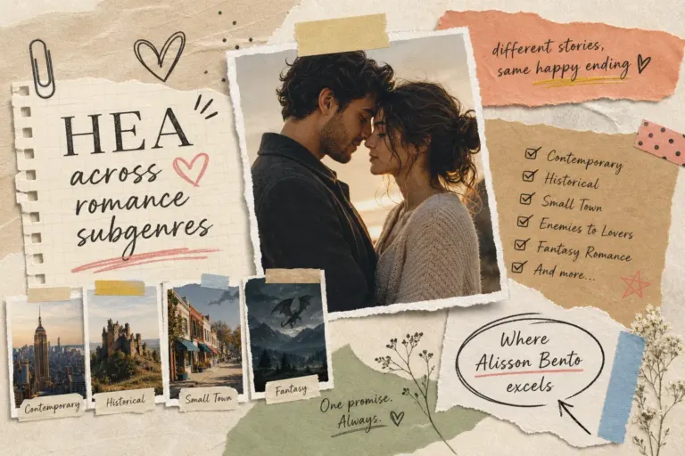 Scrapbook collage of an adult couple and different romance settings, with English HEA lettering.