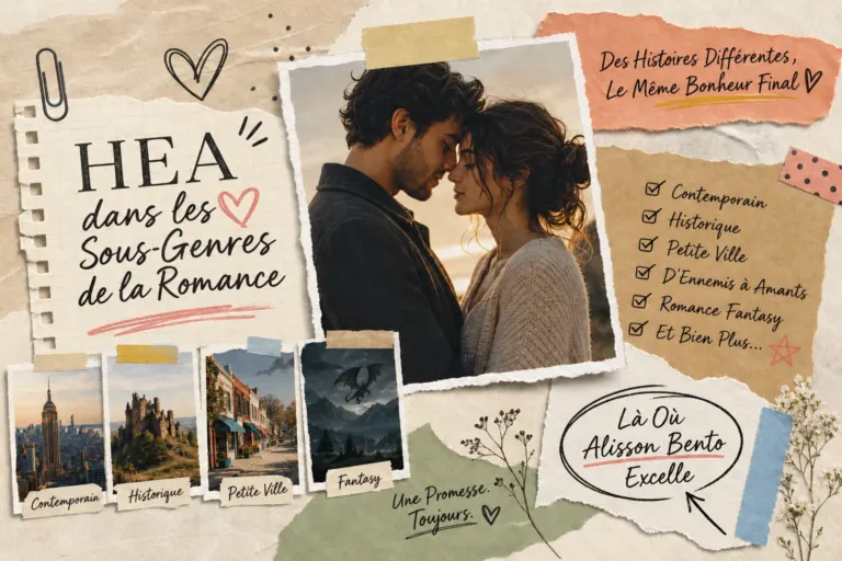 Collage d’un couple adulte et de décors romantiques, avec des textes français sur le HEA.