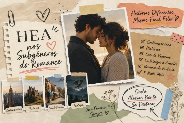 Colagem de um casal adulto e cenários românticos, com textos em português sobre o HEA.