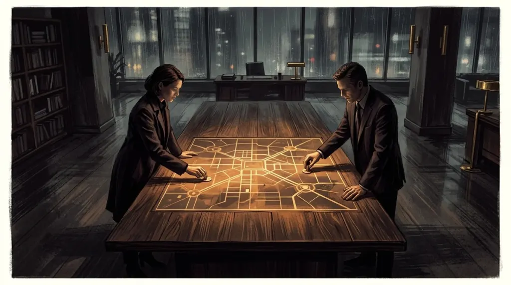 Two adult figures study an illuminated city map from opposite sides of a dark strategy table.