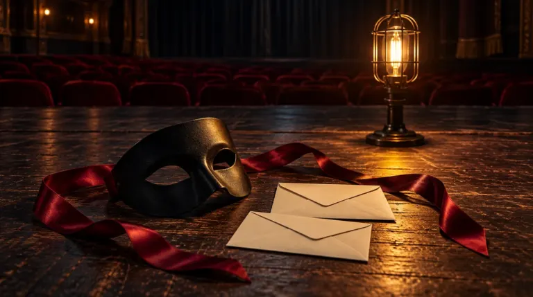 A black theatrical mask, closed cream envelopes and a red ribbon rest in a pool of stage light before empty velvet seats.