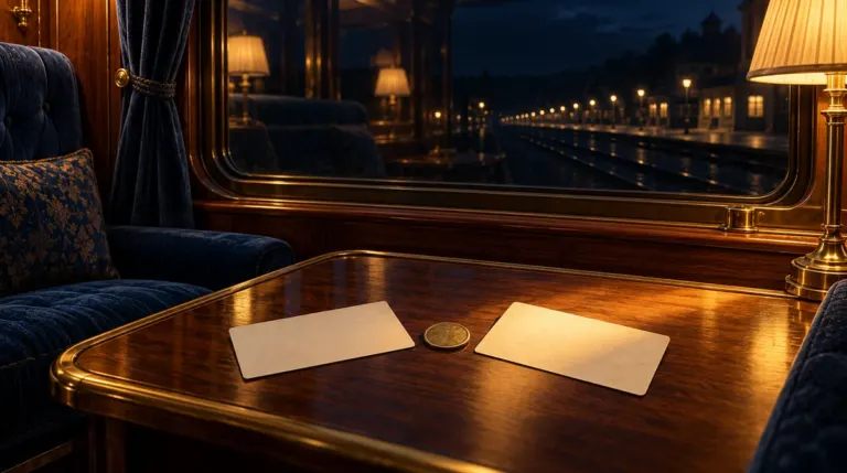 Conceptual illustration of two tickets and a coin beside a dark sleeper-train window.