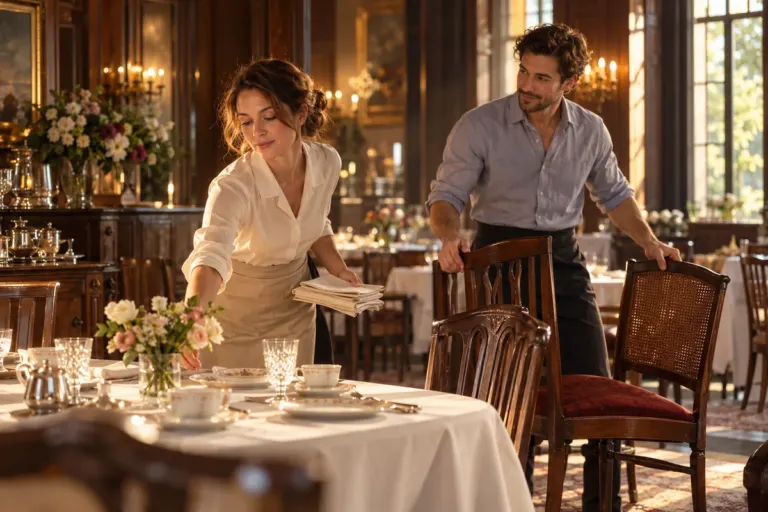 A hospitality trainer and a man prepare tables in a sunlit historic hotel dining room.