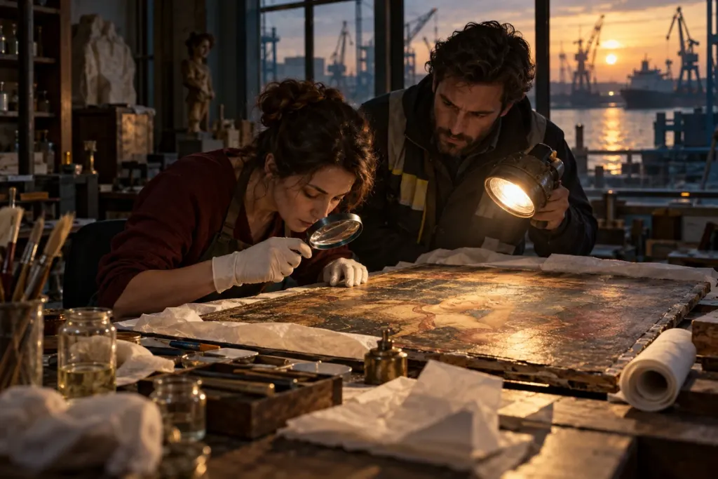 A conservator and a cargo surveyor examine a damaged artwork in a harbor workshop.