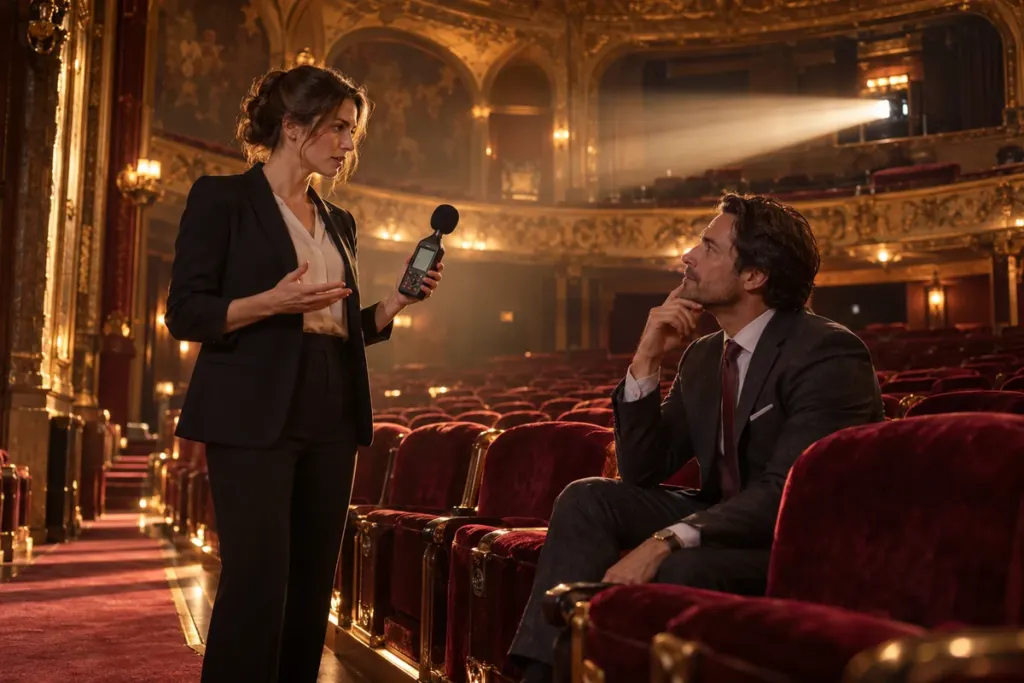 Uma consultora acústica conversa com um cliente entre poltronas de veludo num cinema antigo.