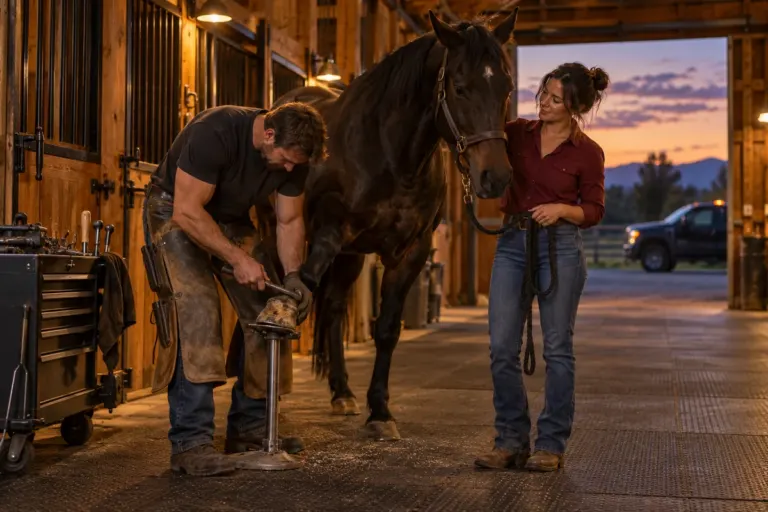 A farrier examines a calm horse's hoof while a woman holds its lead in a lamplit stable.