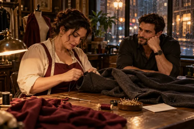 A curvy craftswoman repairs a wool coat while a man waits in her warmly lit sewing workshop.