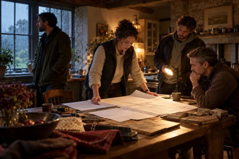 A building surveyor and three men examine plans around a lamplit table in a secluded house.