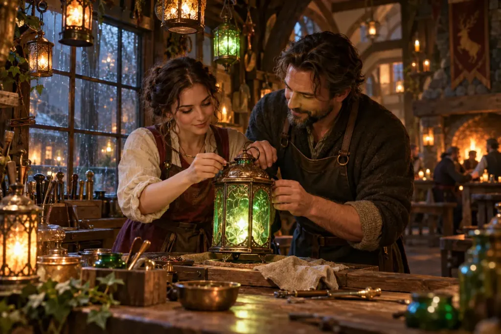 Two adults mend a glowing green lantern in a warm, rain-sheltered village workshop.