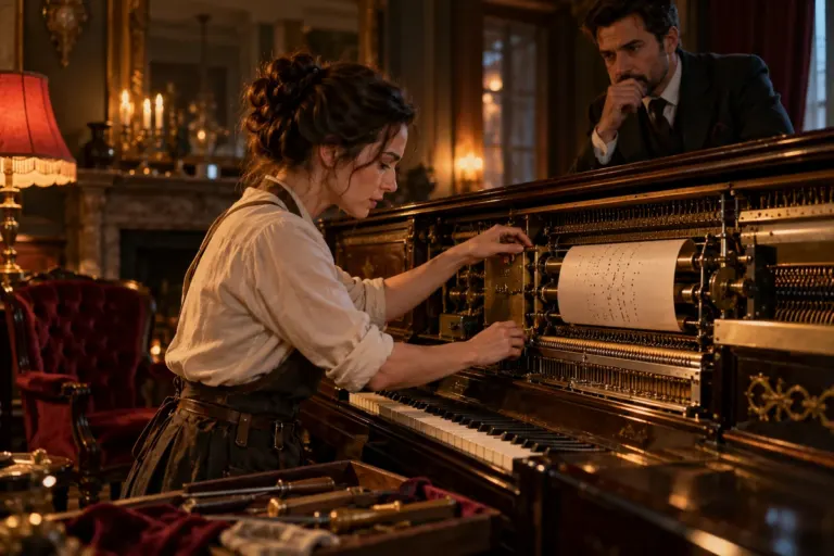 Uma artesã examina o mecanismo de uma pianola enquanto um homem observa do outro lado do instrumento.