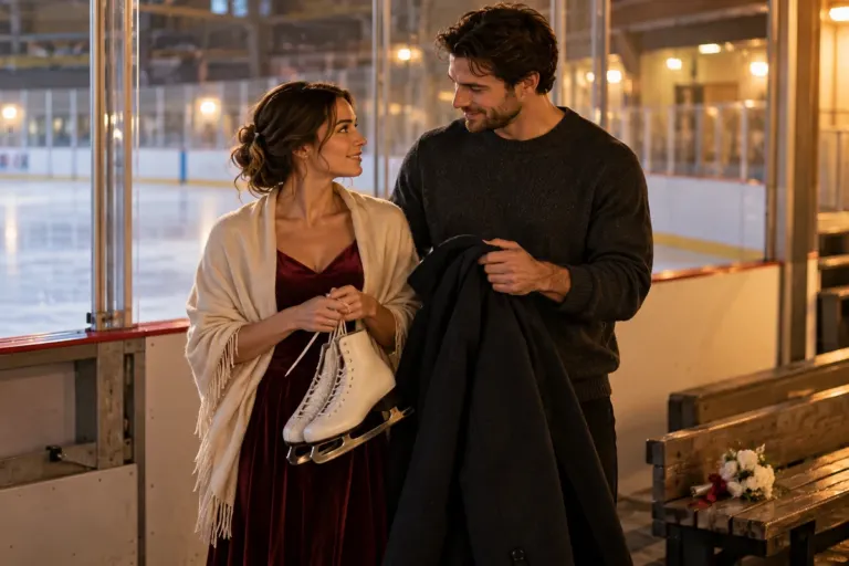 A woman holding skates and a man with a coat share a quiet moment beside an empty ice rink.
