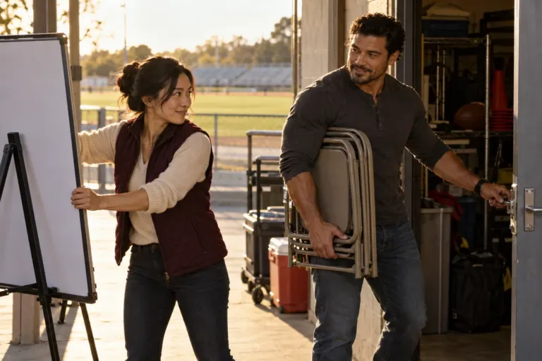 Two adults prepare chairs and equipment at a community football facility in warm afternoon light.
