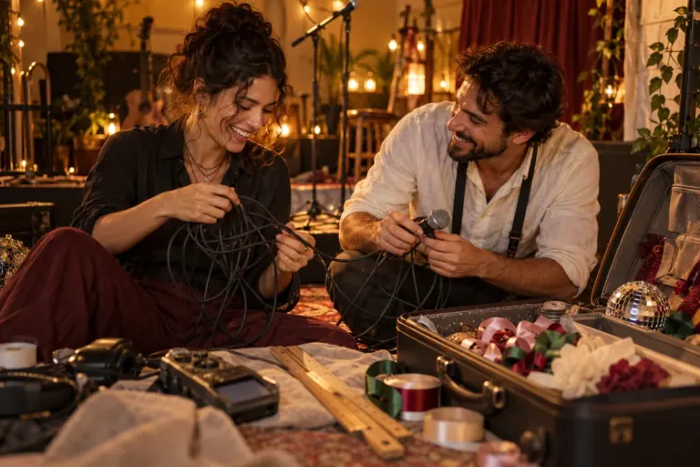 Dois criadores riem ao desembaraçar um cabo de microfone durante a preparação de uma festa.