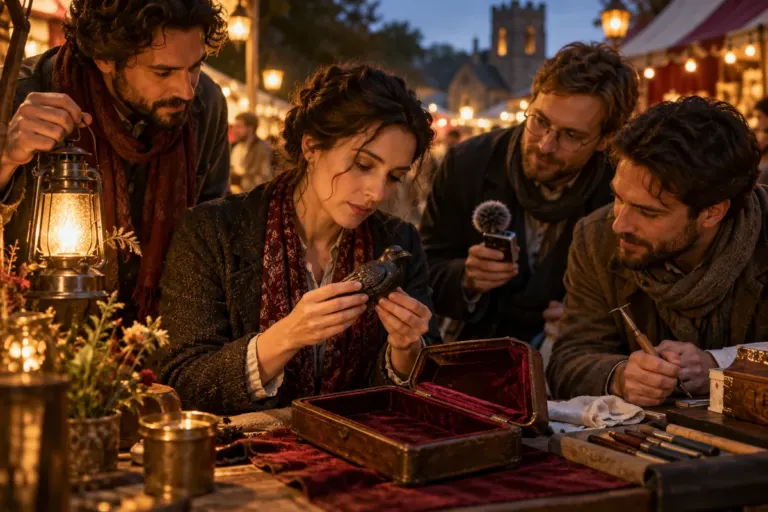 A conservator and three friends examine a carved bird ornament at a softly lit village fair.