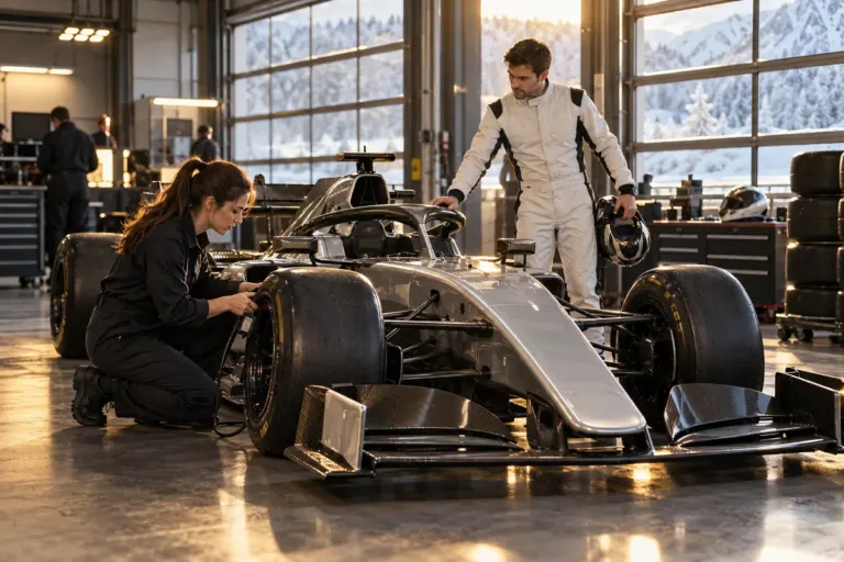 An engineer and a racing driver inspect a component beside a test car in a winter garage.