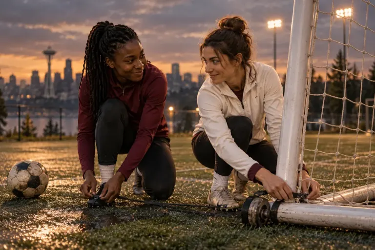 Two women secure a soccer-goal net together on a community pitch at dusk.