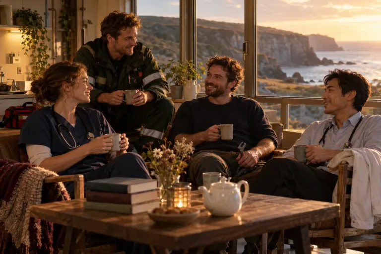A woman and three men share a quiet break in a seaside clinic overlooking coastal cliffs.