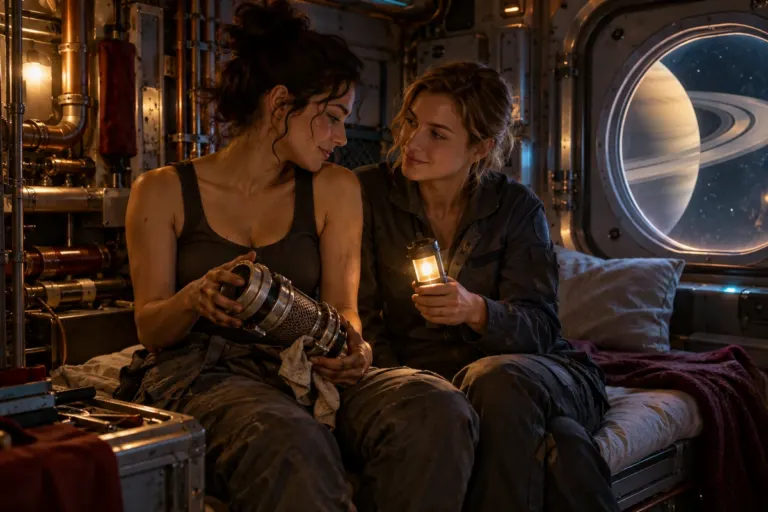 Two women share a quiet moment beside a narrow spacecraft berth with Saturn's rings beyond a porthole.