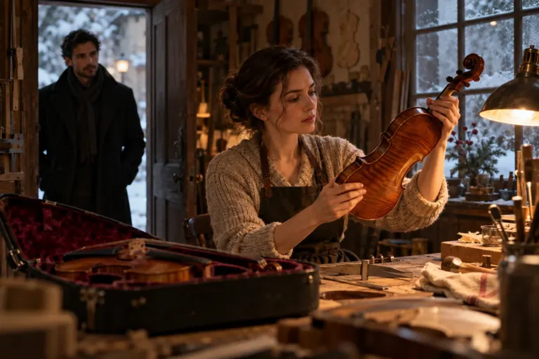A woman examines a violin in a snowy workshop while a man waits beside the door.