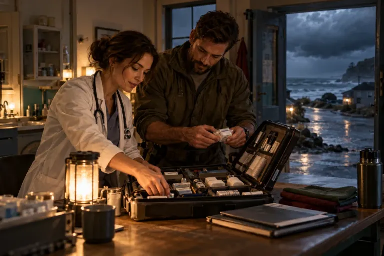 A physician and a medic inspect equipment at a small coastal clinic beneath gathering storm clouds.