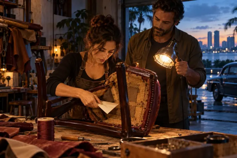 A repairer and a man examine the underside of a wooden chair in a lamplit workshop.