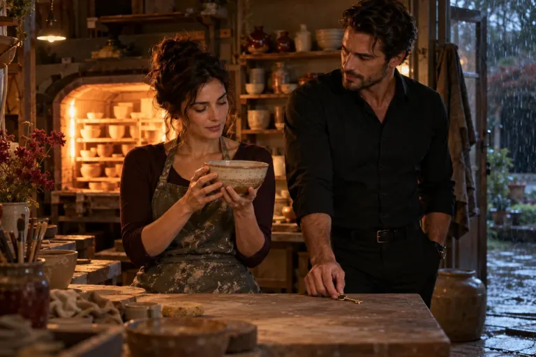 A potter holds a ceramic bowl while a man places a key on her warmly lit workshop bench.