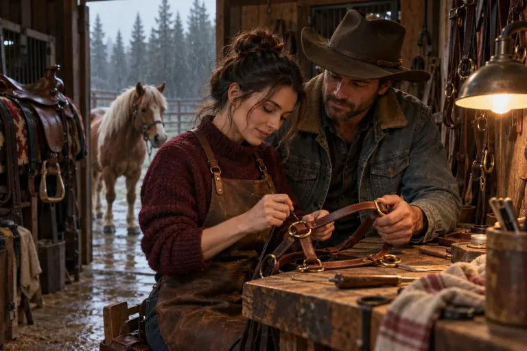 A leatherworker and a rancher repair a pony halter in a warmly lit tack workshop.