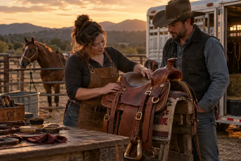 A curvy saddlemaker and a livestock hauler examine a leather saddle beside a ranch corral.