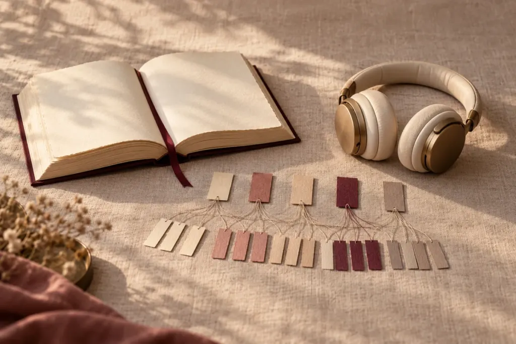 An open book and headphones beside unequal rows of paper tabs connected by fine lines, suggesting a manual chapter map.