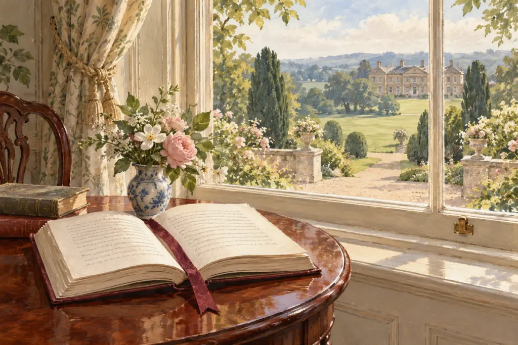 Open book with a ribbon beside a window overlooking a garden.