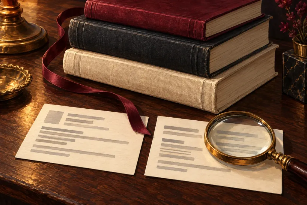 Illustration of different-sized books beside comparison cards and a magnifying glass.
