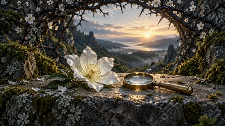 A silver-white flower and brass hand lens rest beneath a blackthorn arch opening toward dawn.