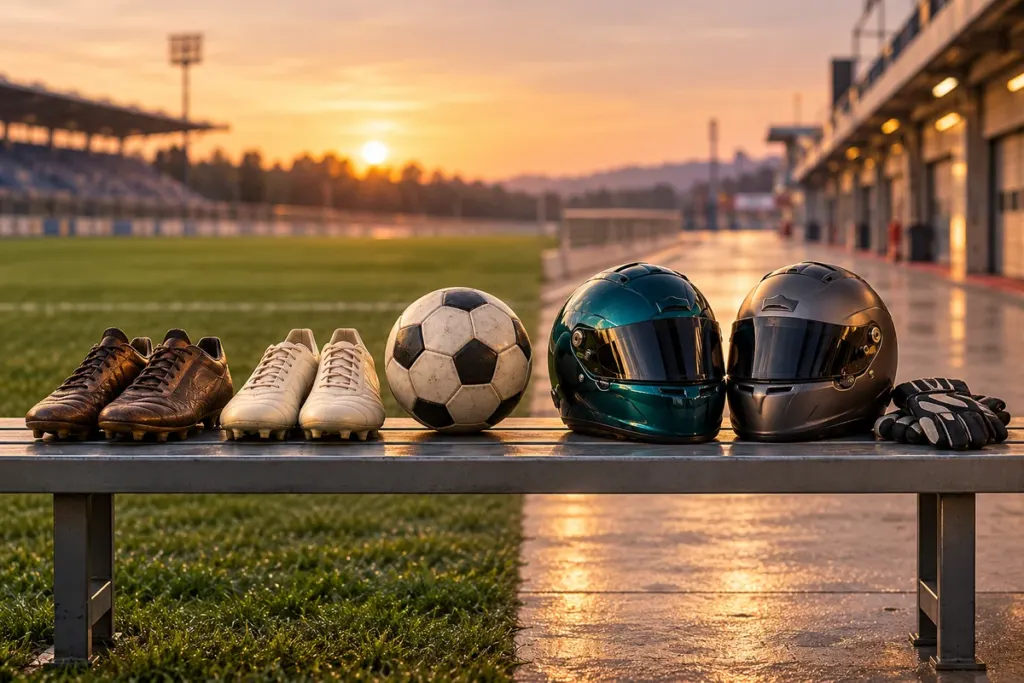 Two pairs of soccer boots and two racing helmets on a bench, representing two couples with professional sporting careers.