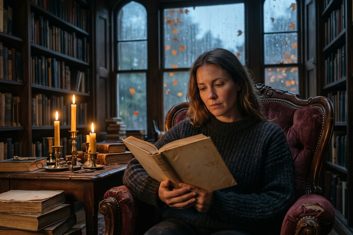 A woman in a dark jumper reads a book by candlelight in a dim autumn library, rain on the tall windows behind her.