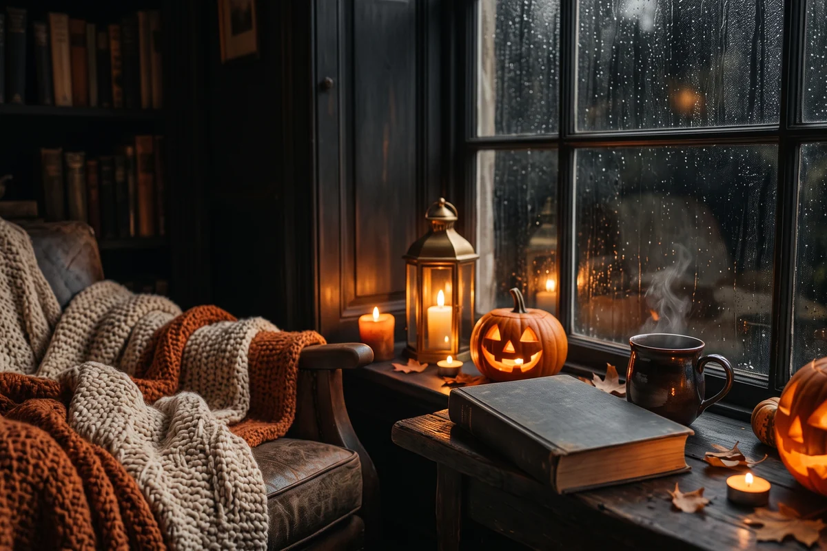 Un coin lecture douillet la nuit, avec des citrouilles sculptées lumineuses, une couverture en tricot, une lanterne, une tasse et un livre fermé près d'une fenêtre pluvieuse.