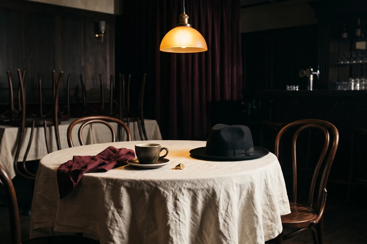 Un restaurant vide à l'ancienne après la fermeture, avec un chapeau feutre noir, une tasse d'expresso et une serviette bordeaux sur une nappe blanche.