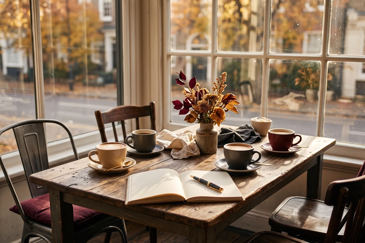 Quatro xícaras de café e um caderno aberto sobre uma mesa de café junto a uma grande janela, com árvores de outono do lado de fora.