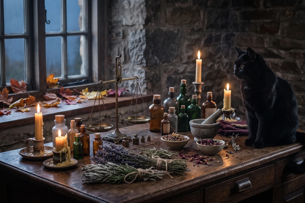 A black cat sits on a cottage apothecary table among dried herbs, glass bottles, a brass scale and lit candles at twilight.