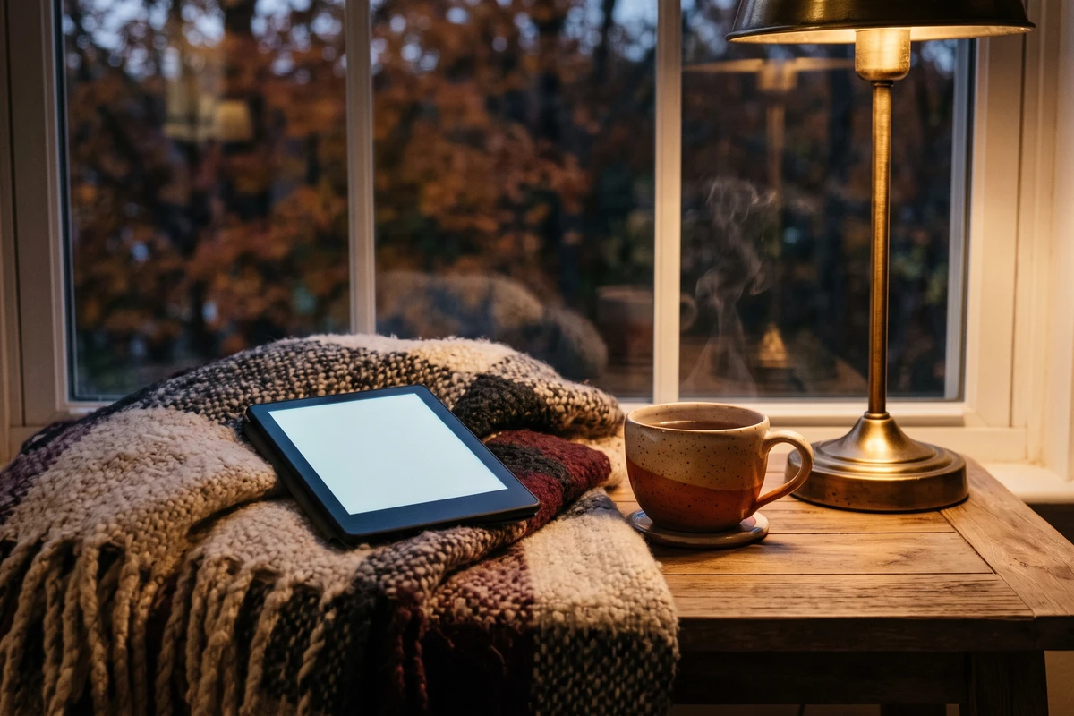 An e-reader rests on a checked wool blanket beside a mug of tea and a glowing brass lamp at an autumn window.
