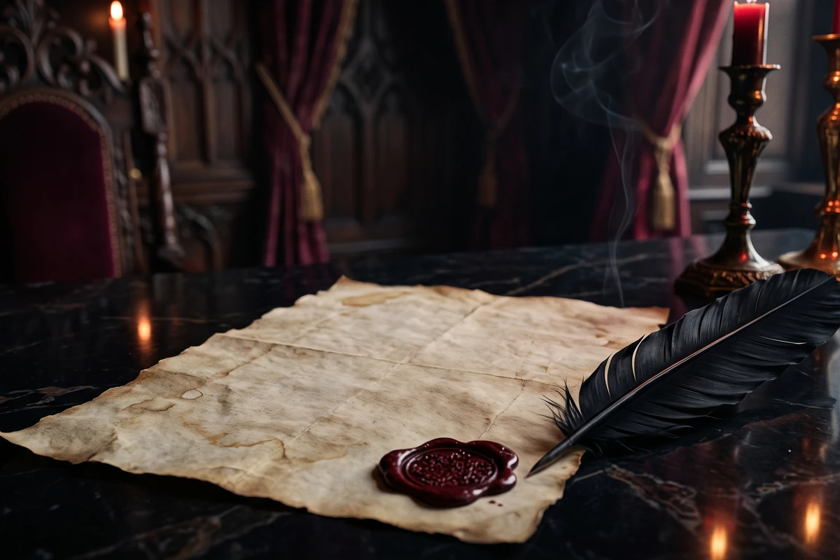 A blank parchment contract with a red wax seal and a black quill lies on a dark desk lit by candles.