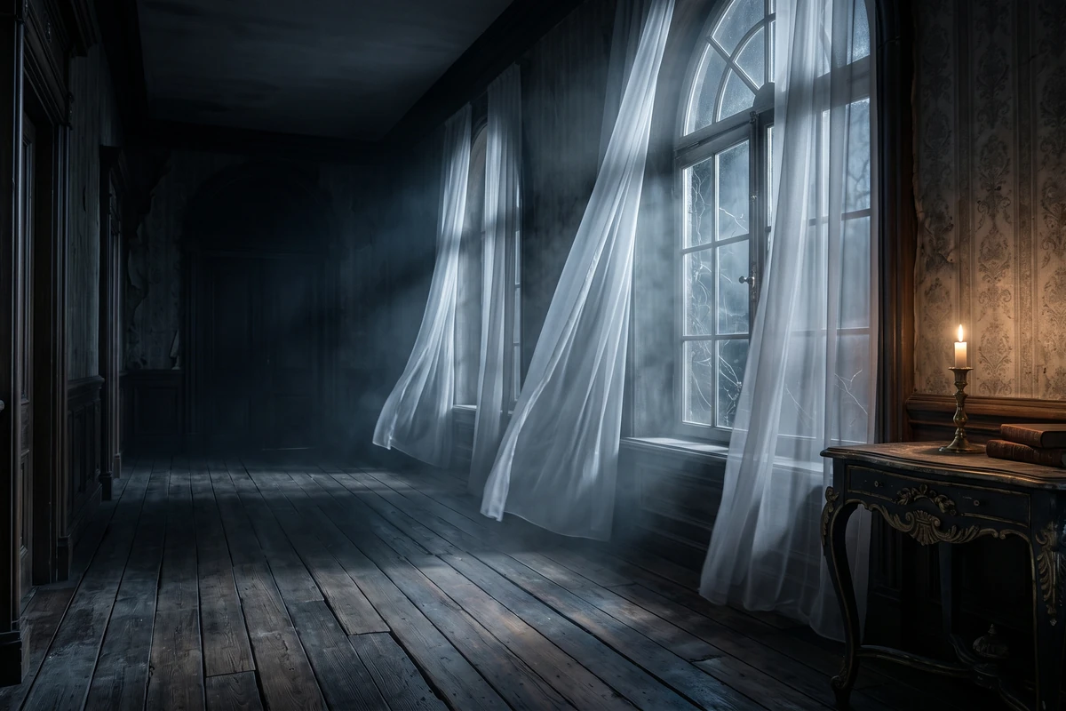 Sheer white curtains drift beside tall windows in a moonlit Victorian hallway, with a single candle on a side table.