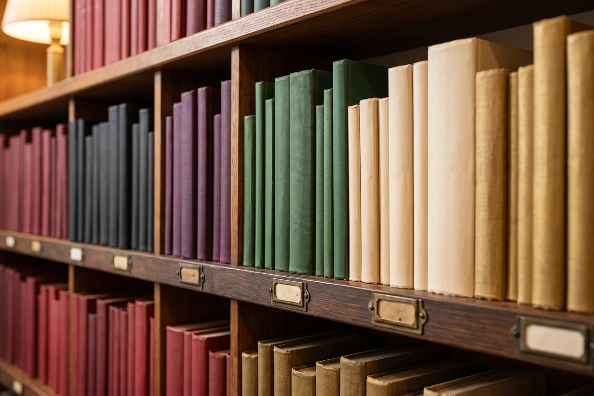 Ein langes Buchhandelsregal, in dem die Bücher nach Farben in Abschnitte gruppiert sind, getrennt durch kleine leere Messing-Etikettenhalter.