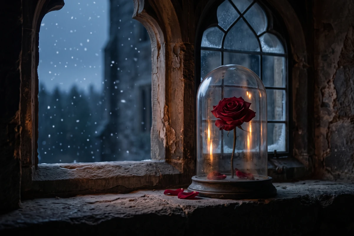 A single red rose under a glass dome on a stone castle windowsill, with snow falling outside.