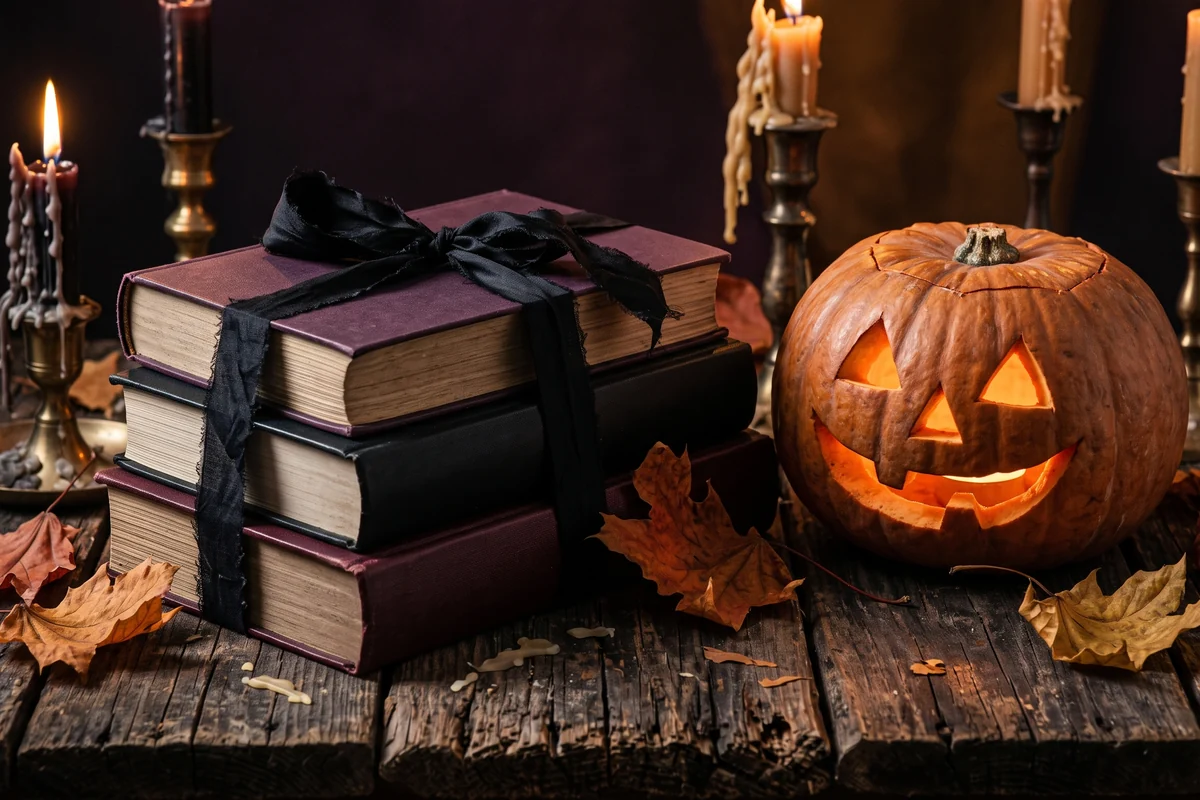 Three plain hardcover books tied with black ribbon beside a carved pumpkin, candles and autumn leaves on a wooden table.