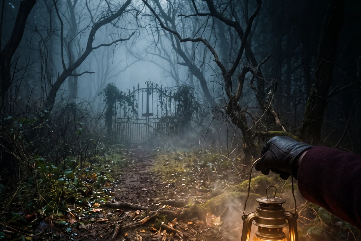 A gloved hand holds a lantern on a foggy forest path at night, with an old iron gate half-hidden in the mist.