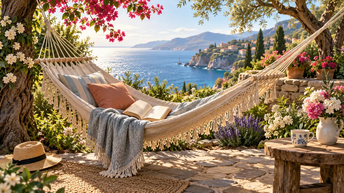 Ein sonniger Küstengarten mit Hängematte, Blumen und einem Buch