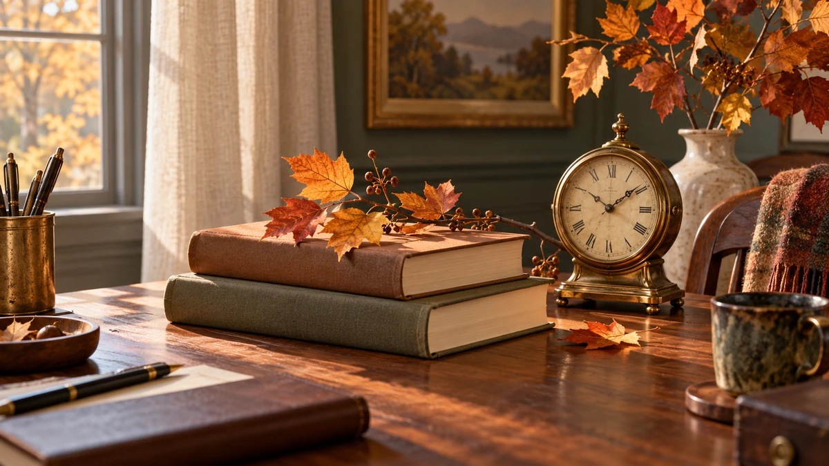 Dois livros simples, um relógio de latão e folhas de outono em uma mesa de madeira iluminada